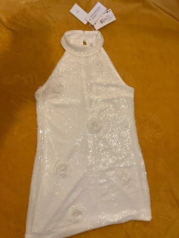 YAS Yas halter neck sequin mini dress with 3D floral applique in white