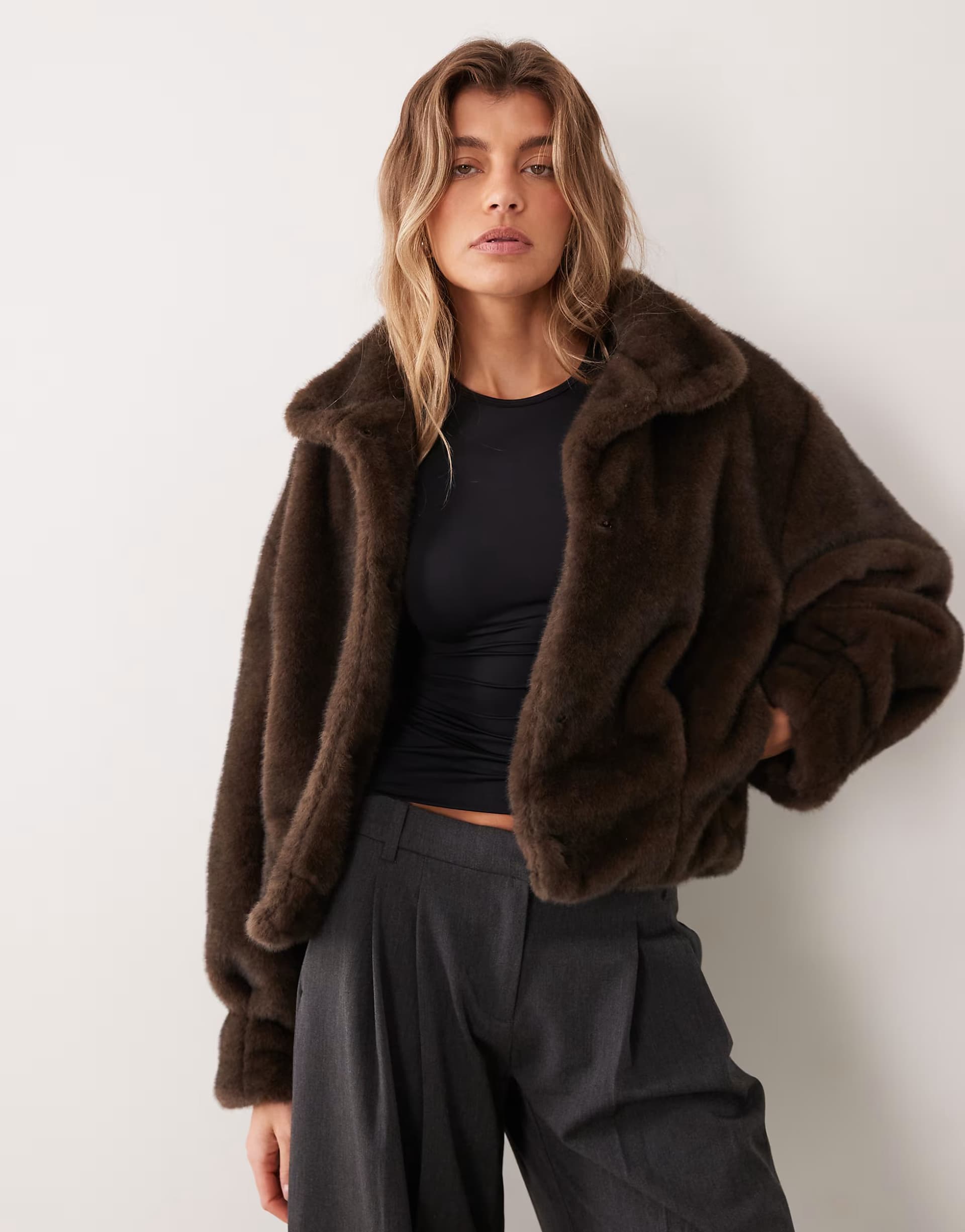 ASOS Gina Tricot faux fur funnel neck bomber in brown