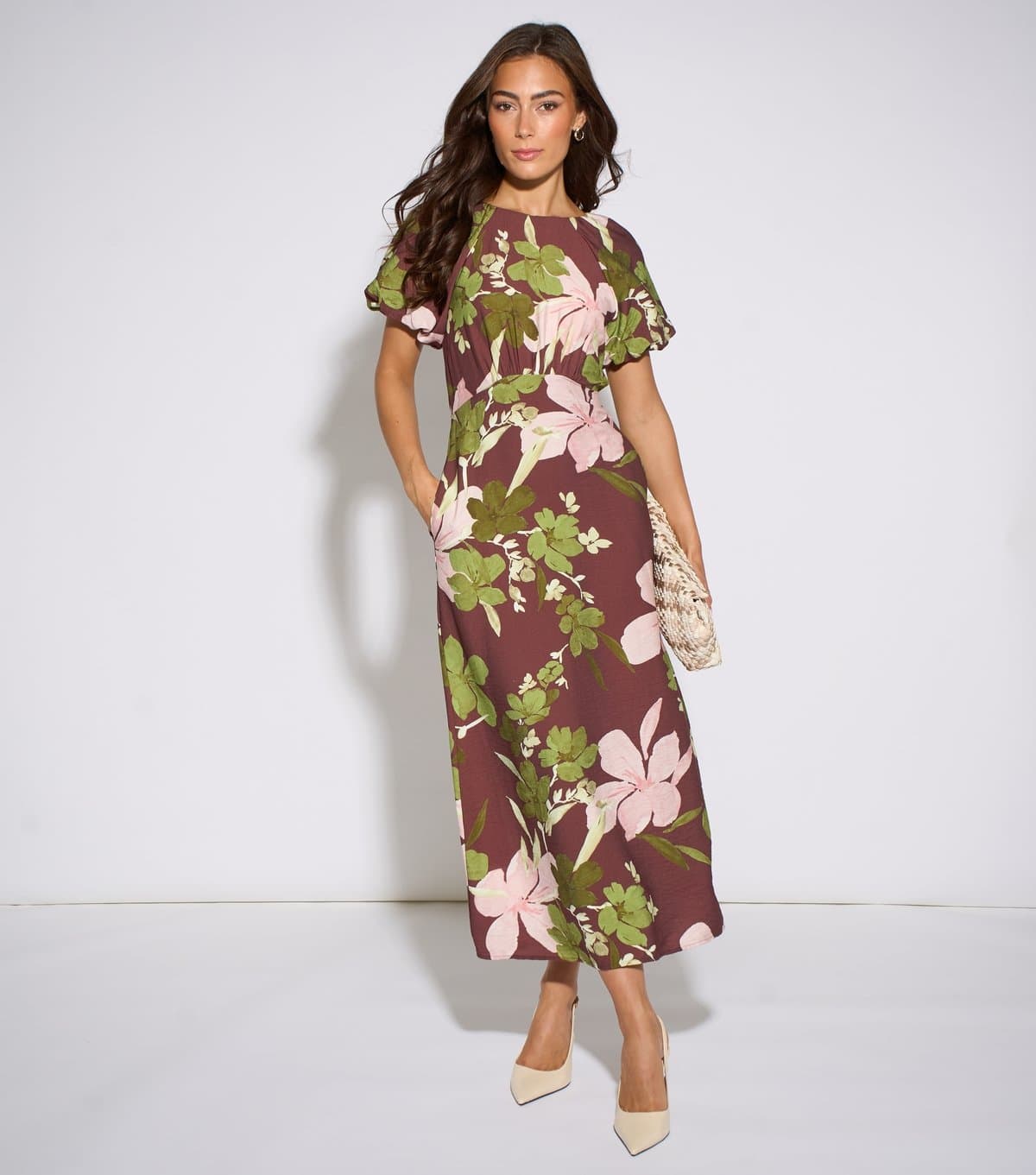 Gini London Women's Brown Floral Print Puff Sleeve Midi Dress Gini London New Look