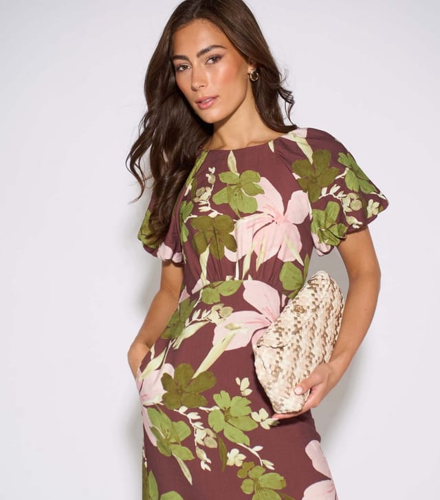 Gini London Women's Brown Floral Print Puff Sleeve Midi Dress Gini London New Look - 2