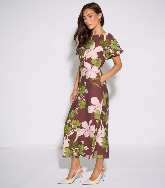 Gini London Women's Brown Floral Print Puff Sleeve Midi Dress Gini London New Look - 3