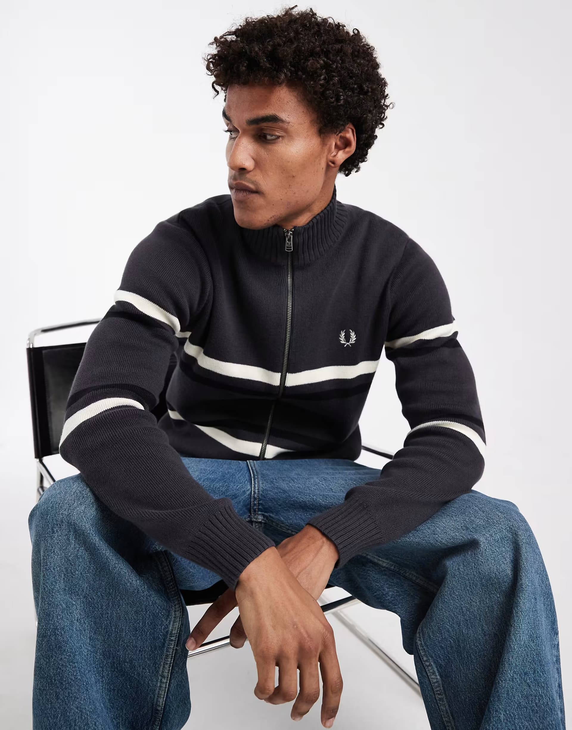 ASOS Fred Perry stripe logo graphic zip up cardigan in grey