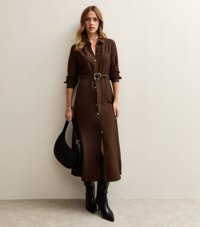 New Look Women's Brown Button Up Belted Midi Shirt Dress New Look - 2