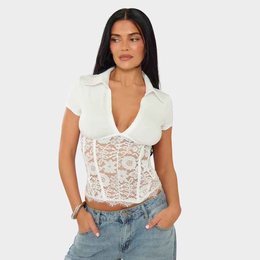 EGO Short Sleeve Plunge Front Lace Boning Detail Top In White, Women's Size UK M/L - 1