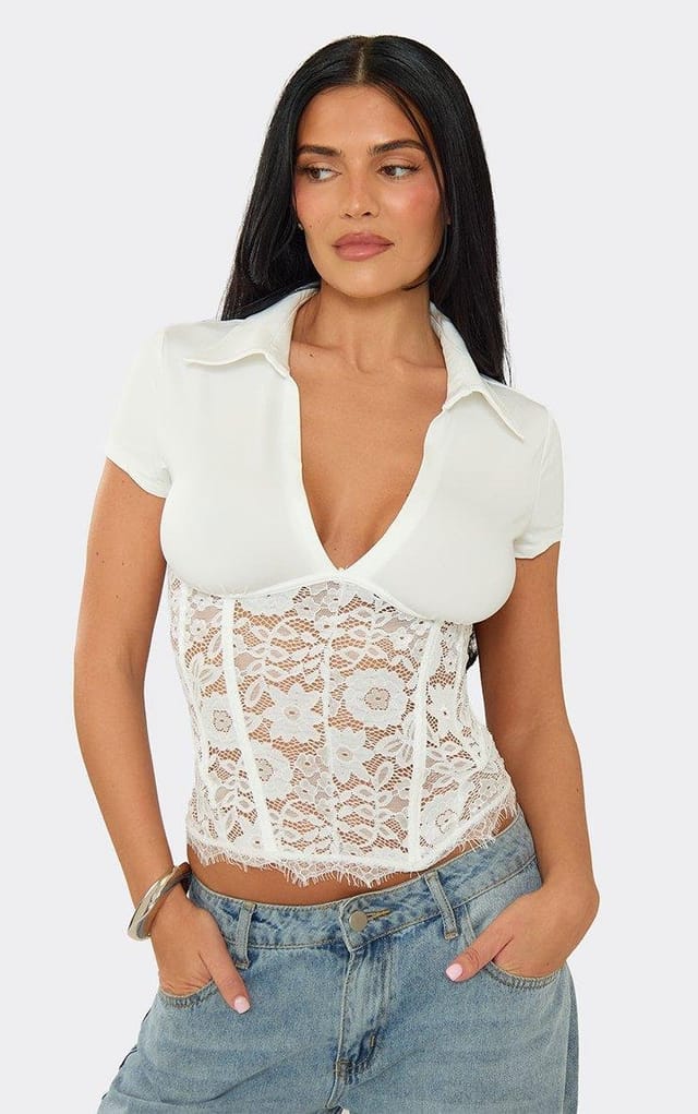 EGO Short Sleeve Plunge Front Lace Boning Detail Top In White, Women's Size UK M/L - 2
