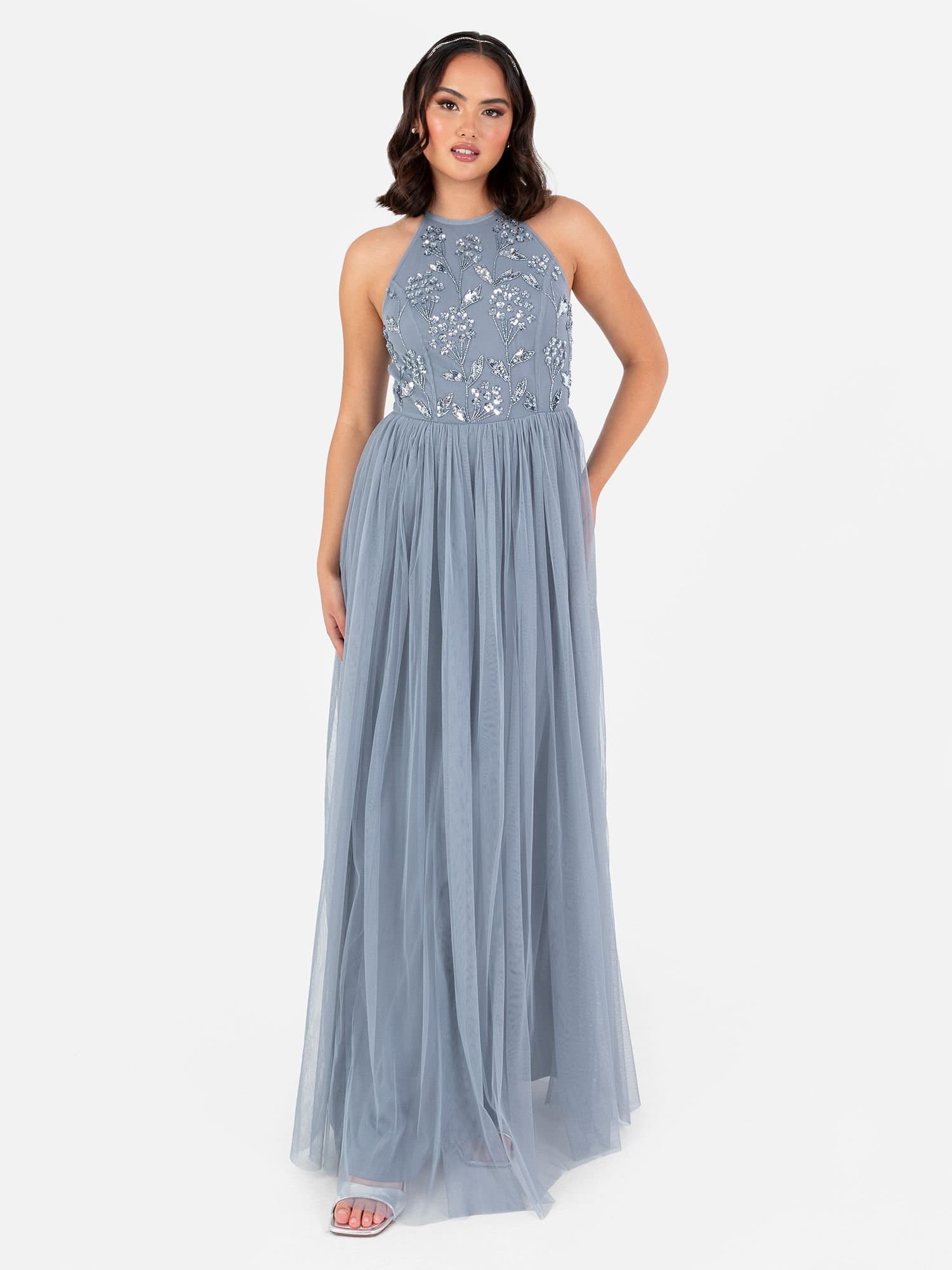 Maya Deluxe Maya Deluxe Women's Floral Embellished Halter Neck Maxi Dress in Blue