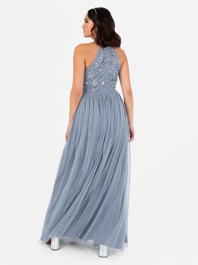 Maya Deluxe Maya Deluxe Women's Floral Embellished Halter Neck Maxi Dress in Blue - 3