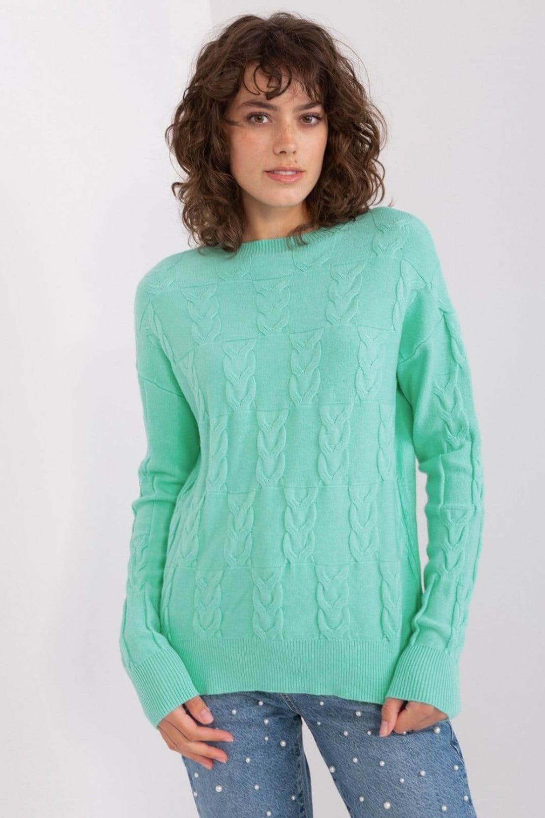 Love Lace Green Textured Pattern Round Neck Pullover Sweater