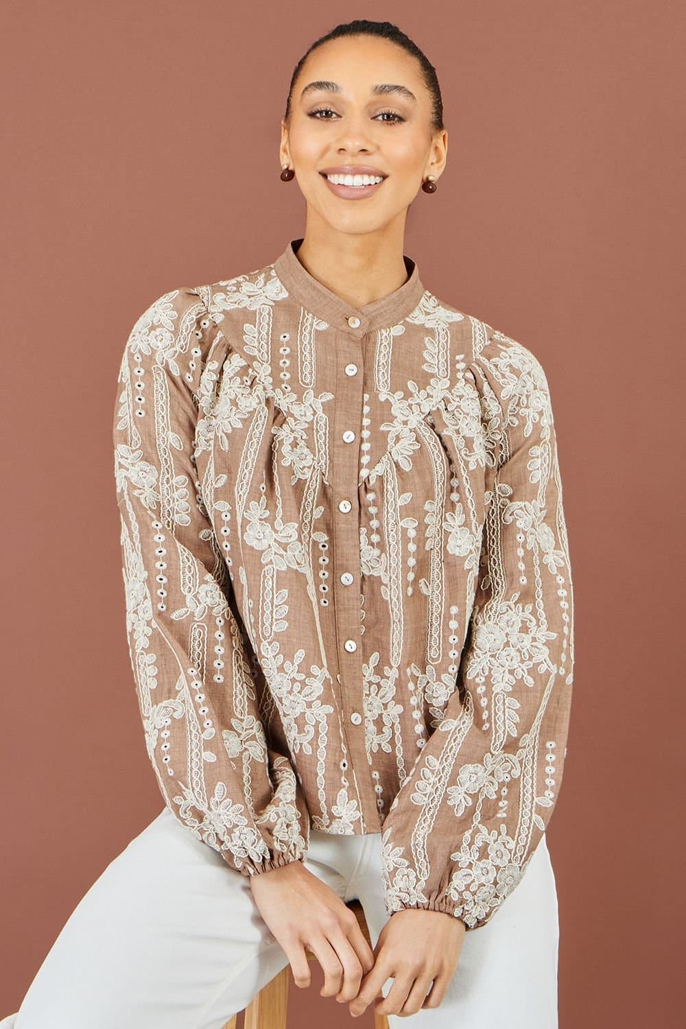 Yumi Yumi Women's Embroidered Floral Relaxed Shirt In Brown