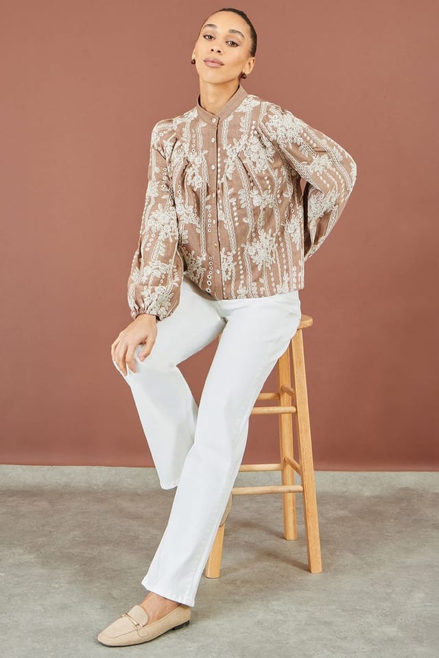 Yumi Yumi Women's Embroidered Floral Relaxed Shirt in Brown - 2