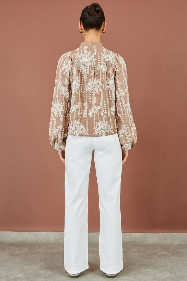Yumi Yumi Women's Embroidered Floral Relaxed Shirt in Brown - 3