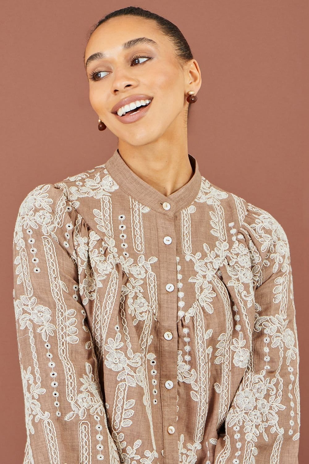 Yumi Yumi Women's Embroidered Floral Relaxed Shirt in Brown - 4