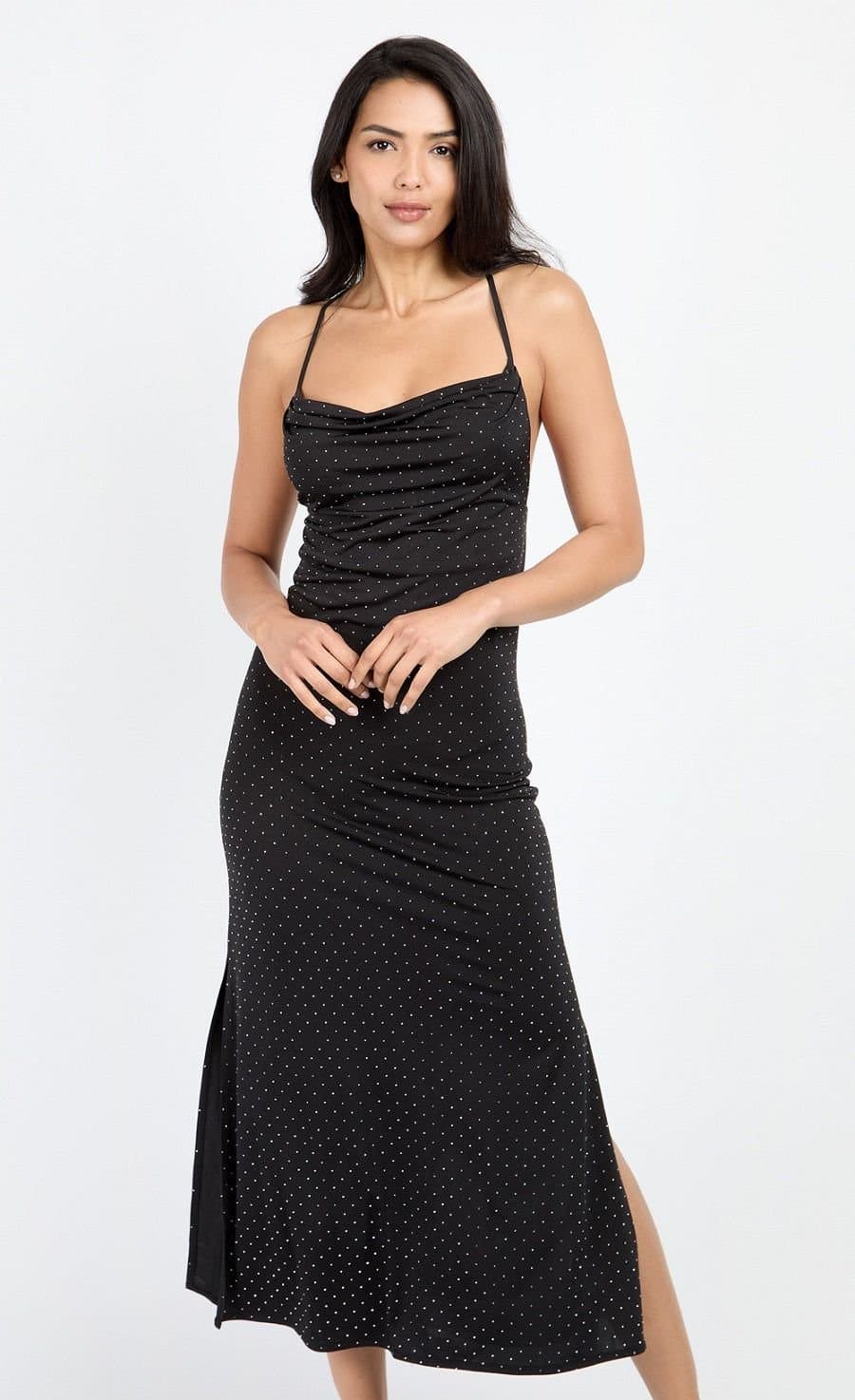 Little Mistress Little Mistress Women's Black Embellished Slinky Cowl Neck Midi Dress