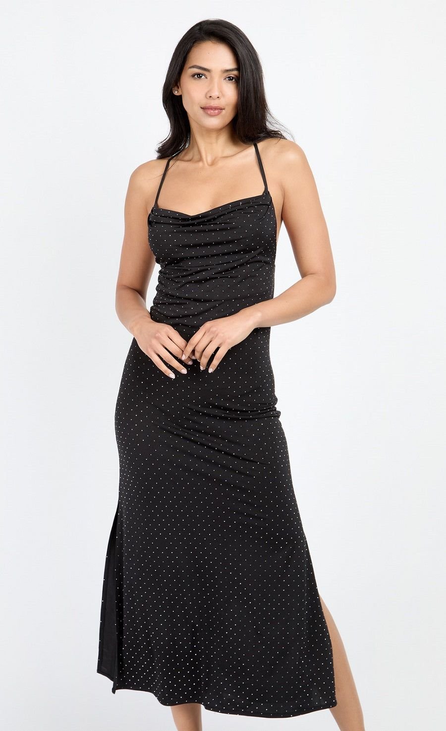 Little Mistress Little Mistress Women's Black Embellished Slinky Cowl Neck Midi Dress - 2