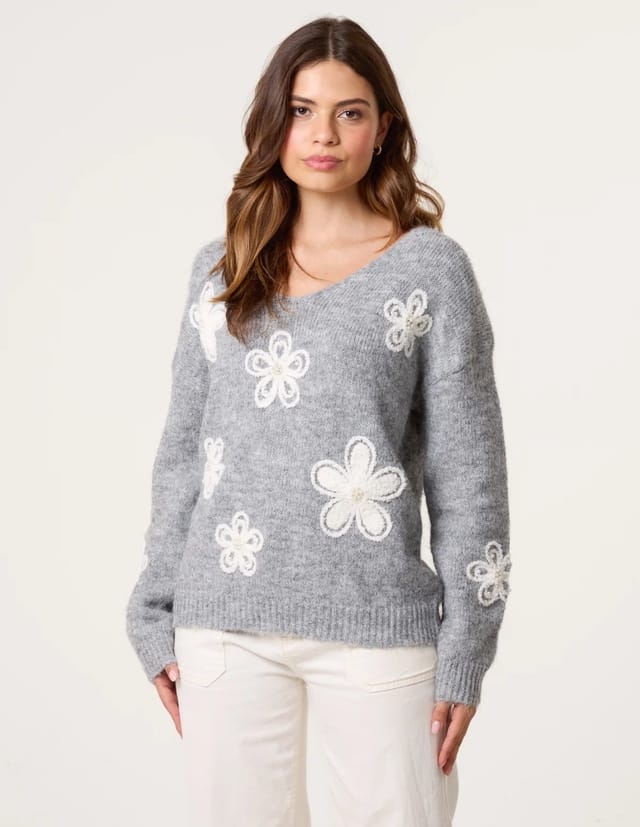 Blue Vanilla V Neck Flower And Pearl Jumper - 3