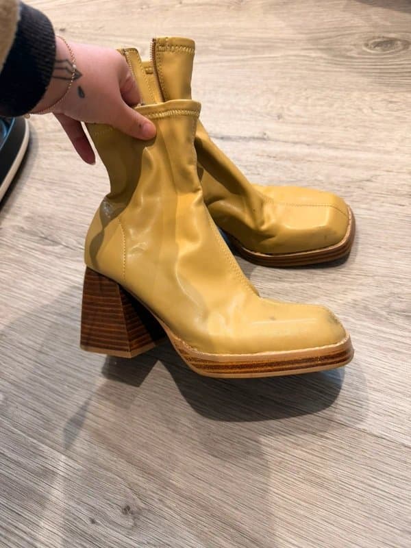 ASOS ASOS green leather look boots with wooden style heel