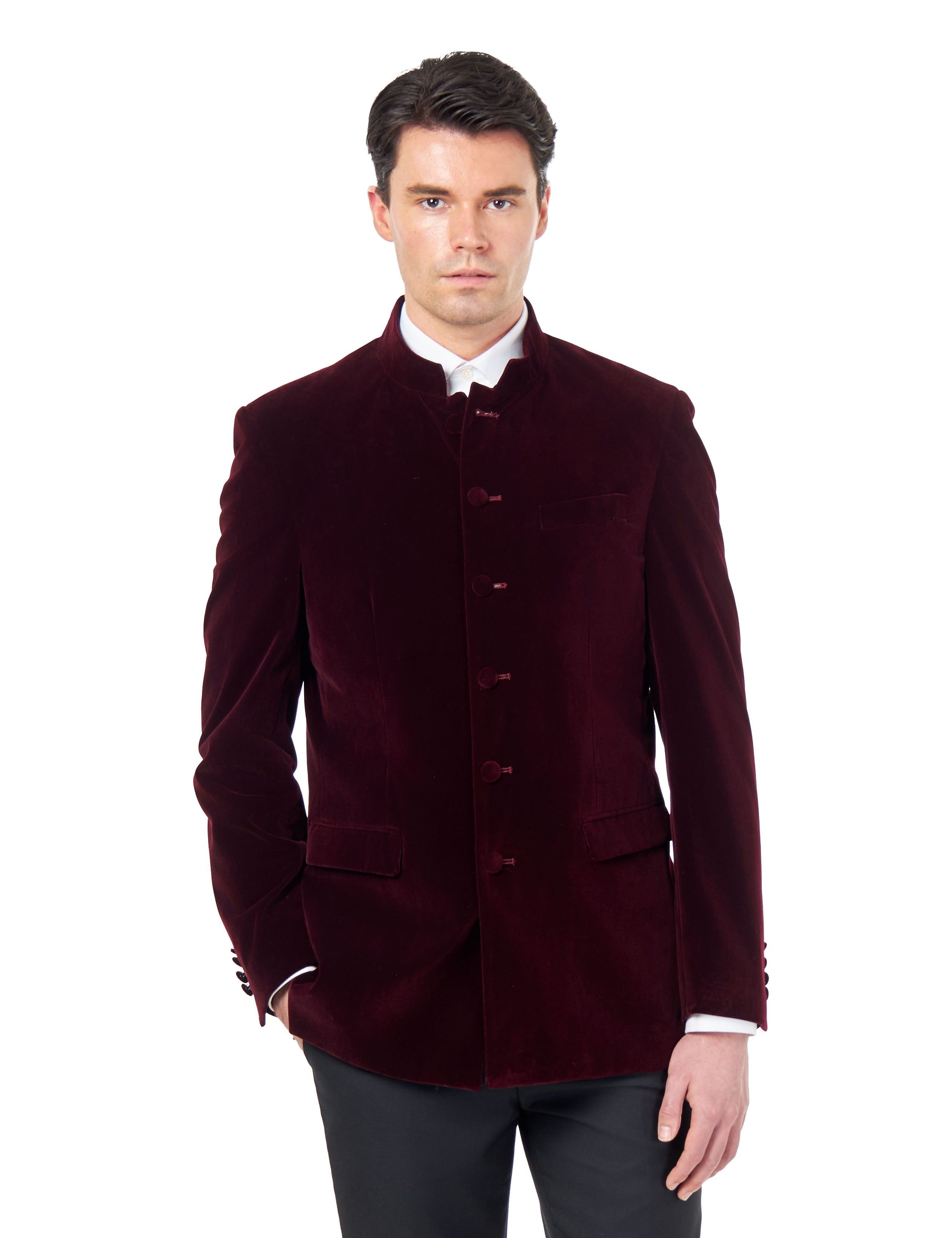 XPOSED XPOSED Men's Harshil Velvet Nehru Collar Smoking Jacket in Maroon - 1