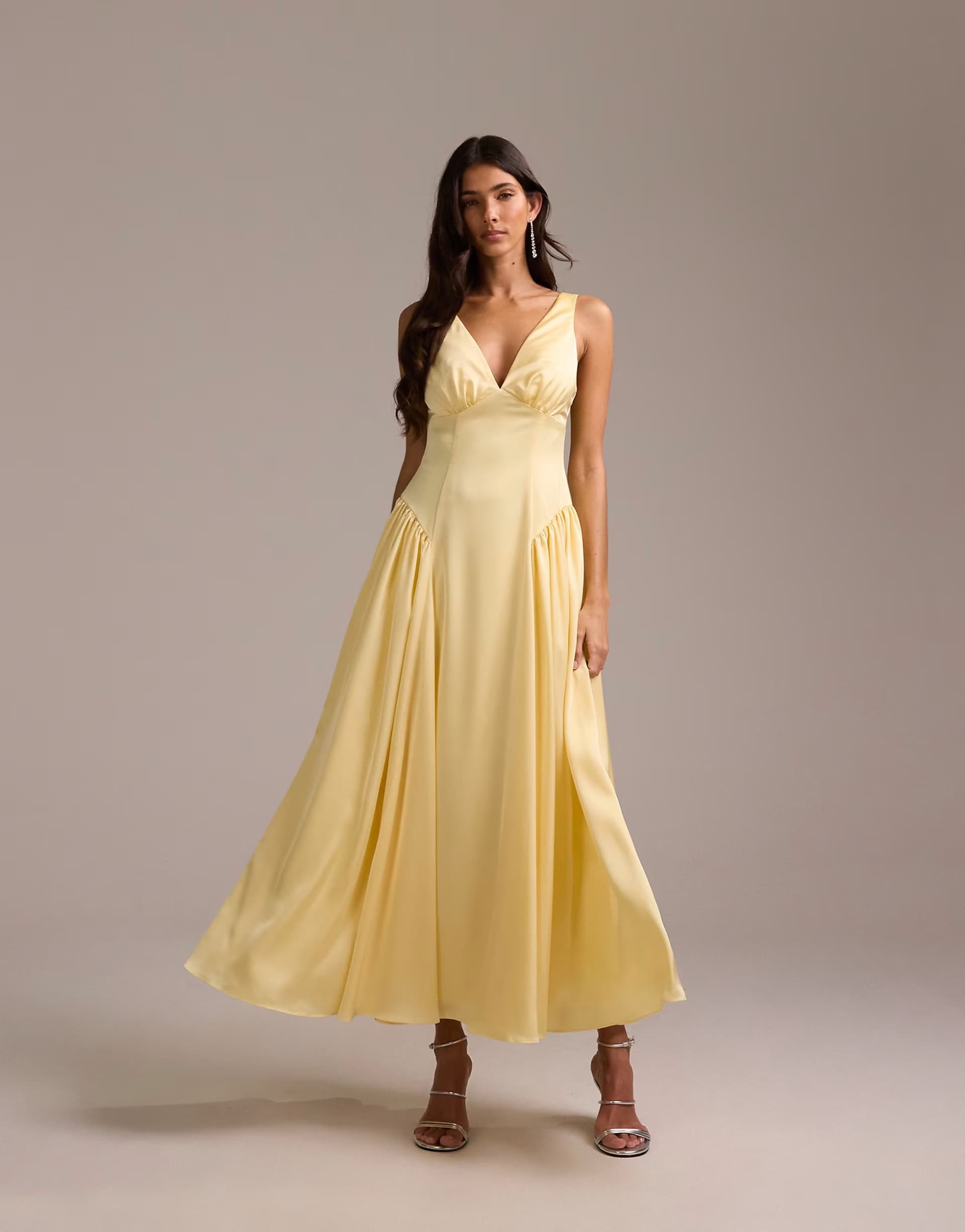 ASOS ASOS DESIGN bridesmaids satin plunge neckline dropped waist midi dress in lemon