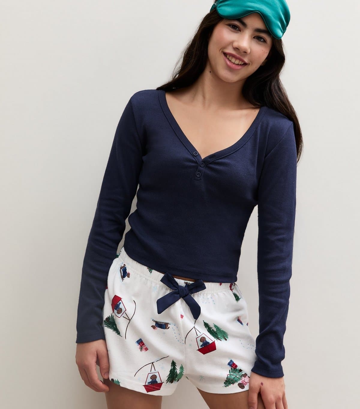 New Look Girls' Navy Henley Top and Ski Dog Shorts Pyjama Set New Look