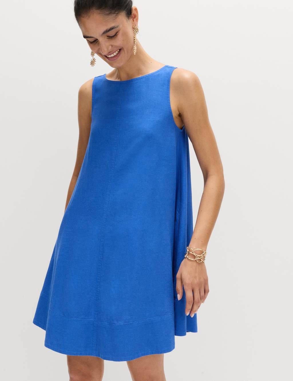 Marks & Spencer M&S Linen Rich Scoop Neck Mini Swing Dress Cobalt - 1