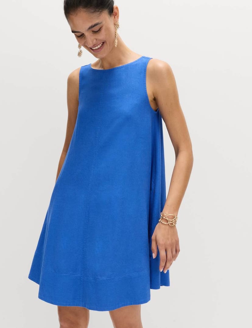 Marks & Spencer M&S Linen Rich Scoop Neck Mini Swing Dress Cobalt - 1