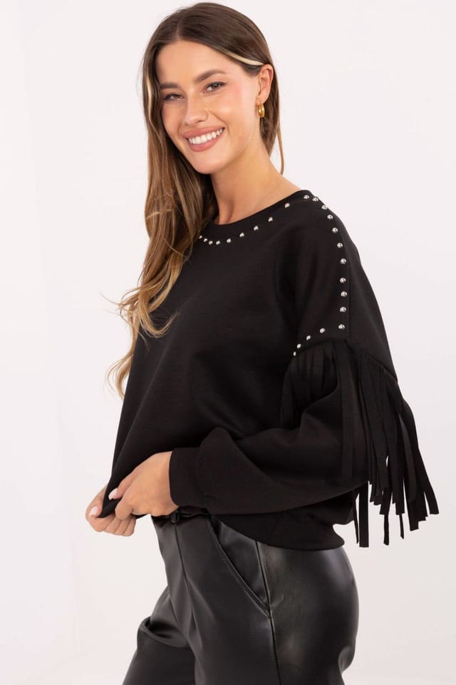 Love Lace Love Lace Women's Stud Trim Fringe Sleeve Casual Blouse in Black - 2
