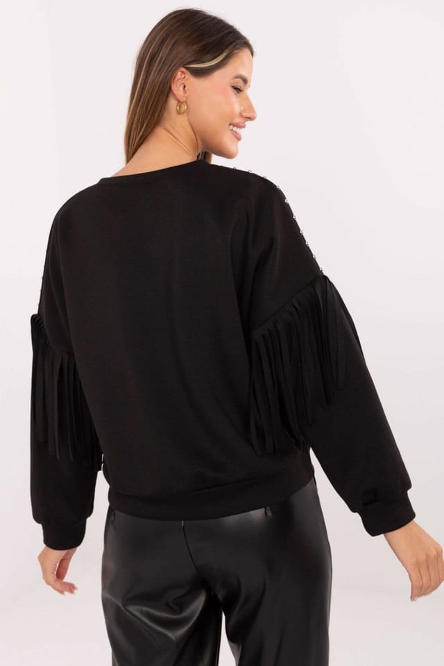 Love Lace Love Lace Women's Stud Trim Fringe Sleeve Casual Blouse in Black - 3