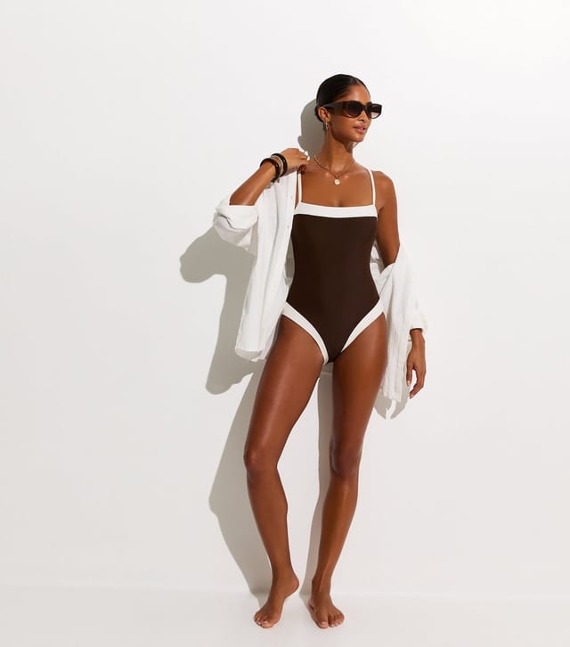 New Look Women's Mid Brown Contrast Trim Square Neck Swimsuit New Look - 3