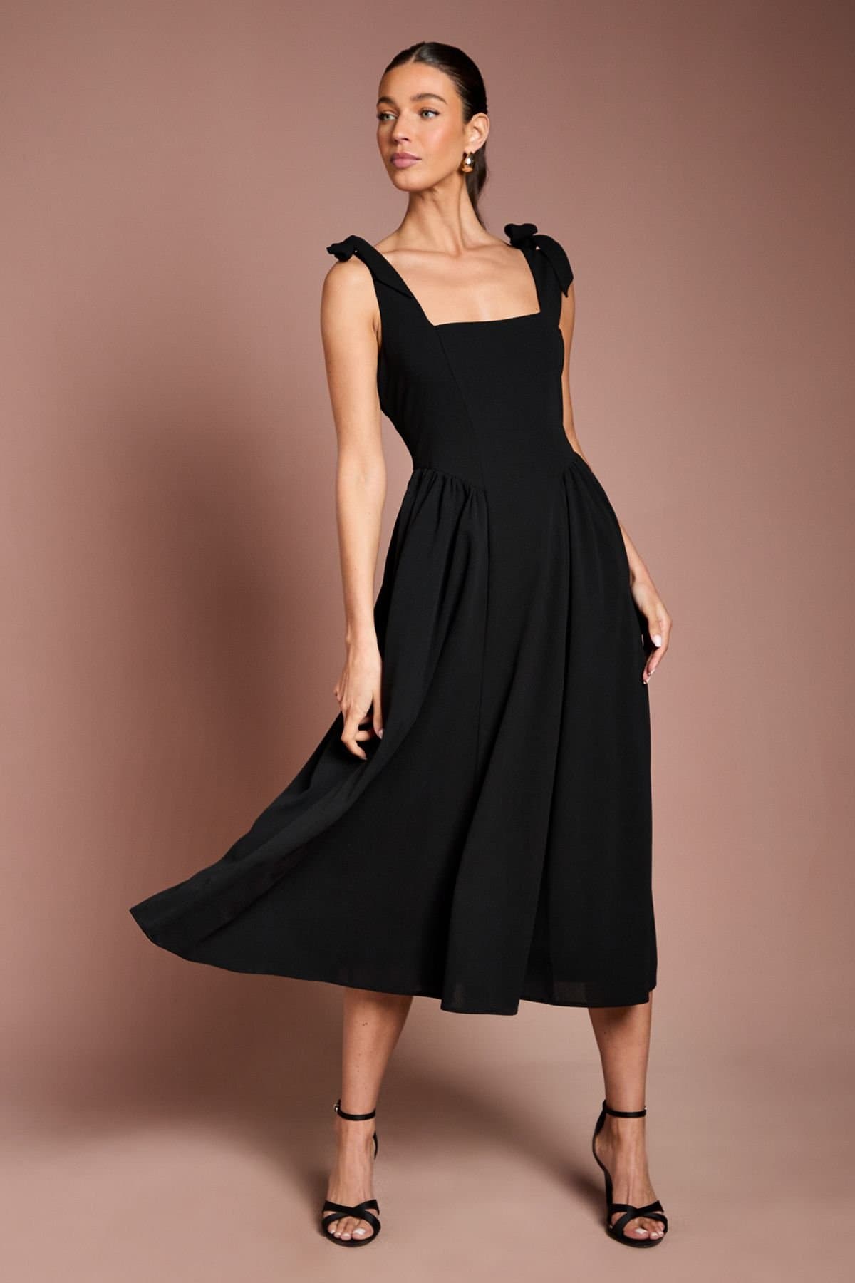 Coast Coast Women's Sleeveless Crepe Midi Dress With Bow Detail Straps in Black