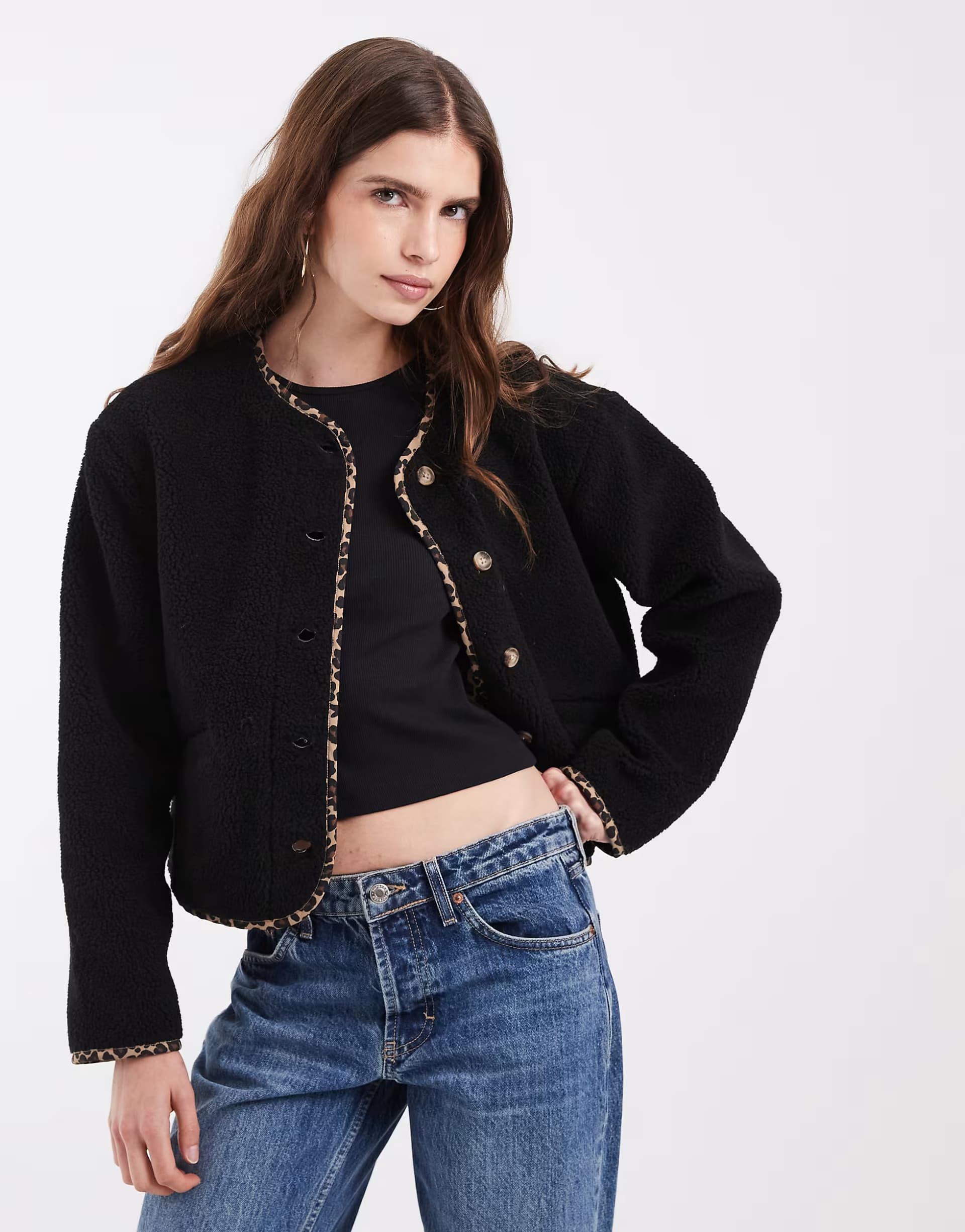 ASOS ONLY reversible borg jacket in black and leopard