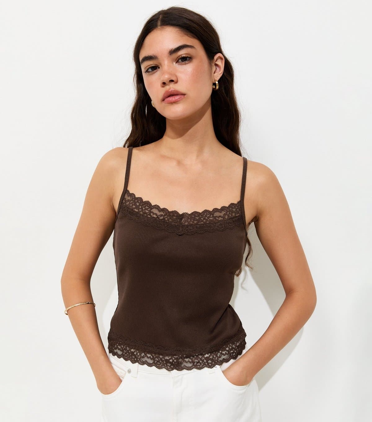New Look New Look Dark Brown Lace Trim Cami Top