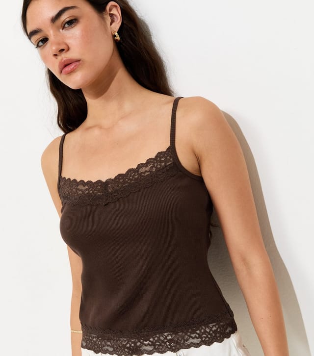 New Look Women's Dark Brown Cotton Rich Lace Trim Cami Top New Look - 2