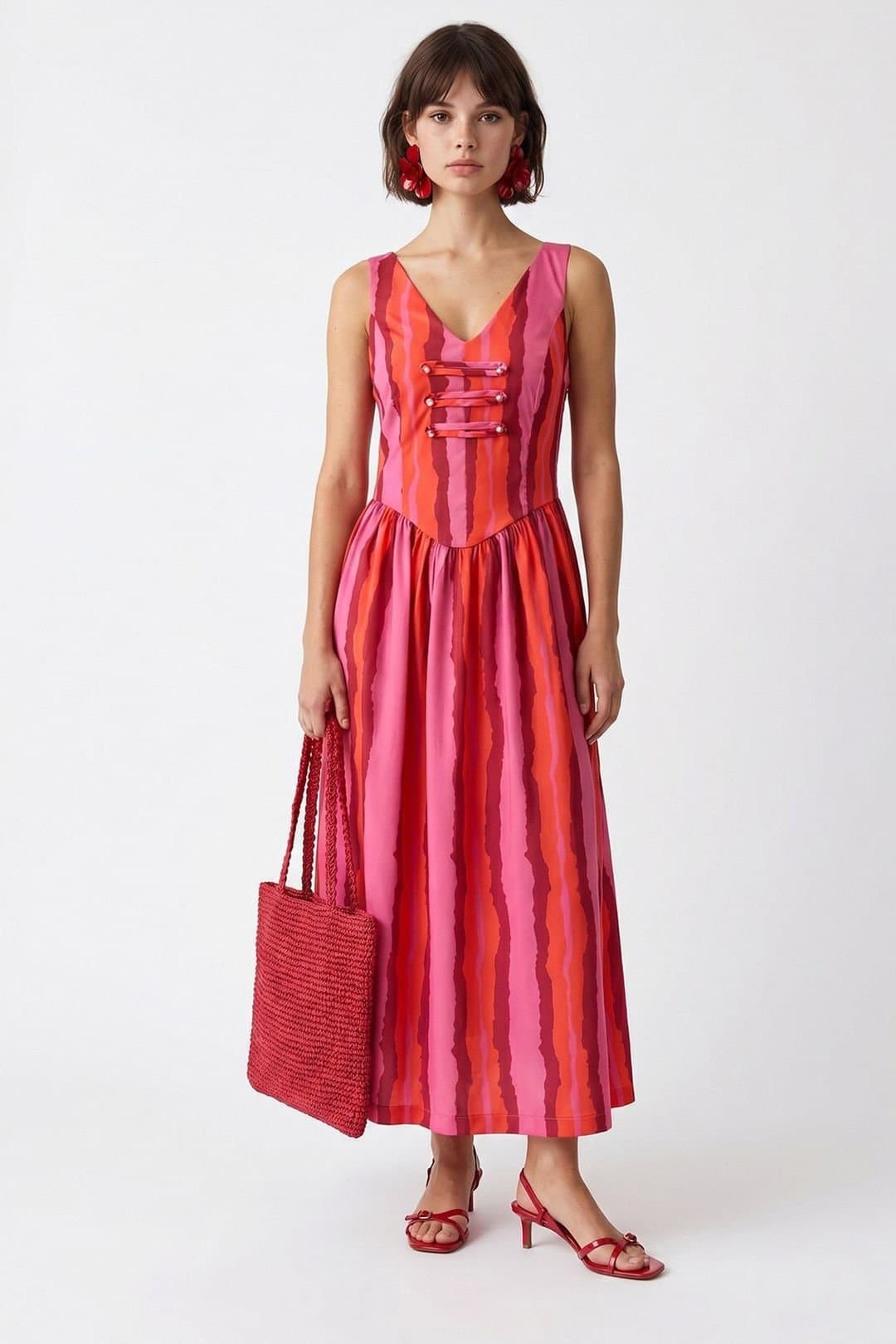 MixRay MixRay Women's Striped A-line Midi Dress With Tie Detail