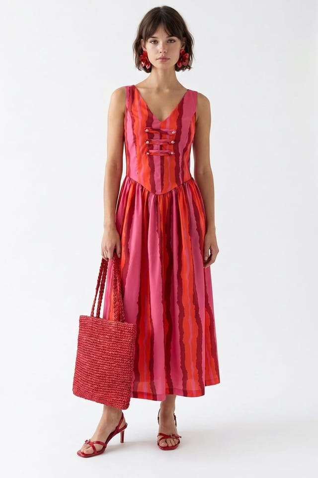 MixRay MixRay Women's Striped A-line Midi Dress With Tie Detail - 2