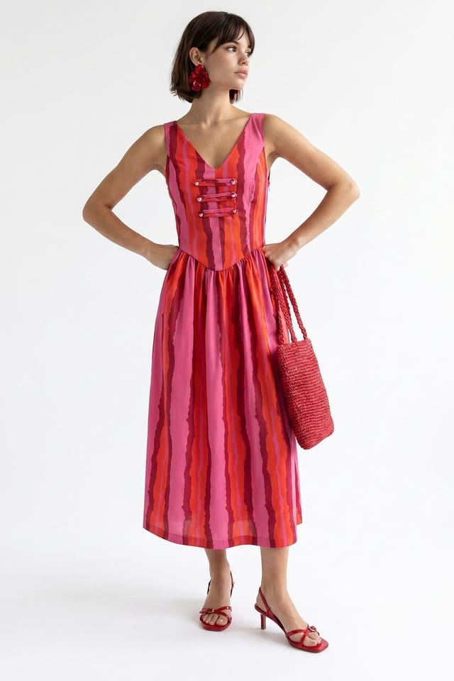 MixRay MixRay Women's Striped A-line Midi Dress With Tie Detail - 3