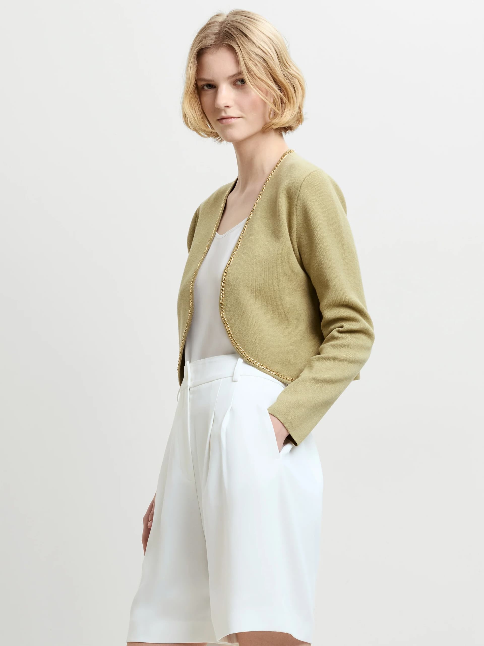 French Connection Laurie Knit Chain Trim Green Bolero Cardigan Summer Sage