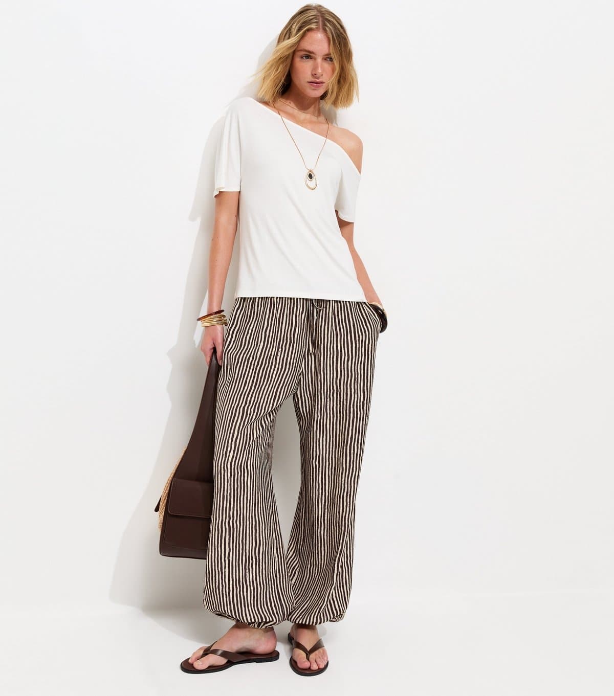 New Look Women's Brown Striped Tapered Cuff Trousers New Look