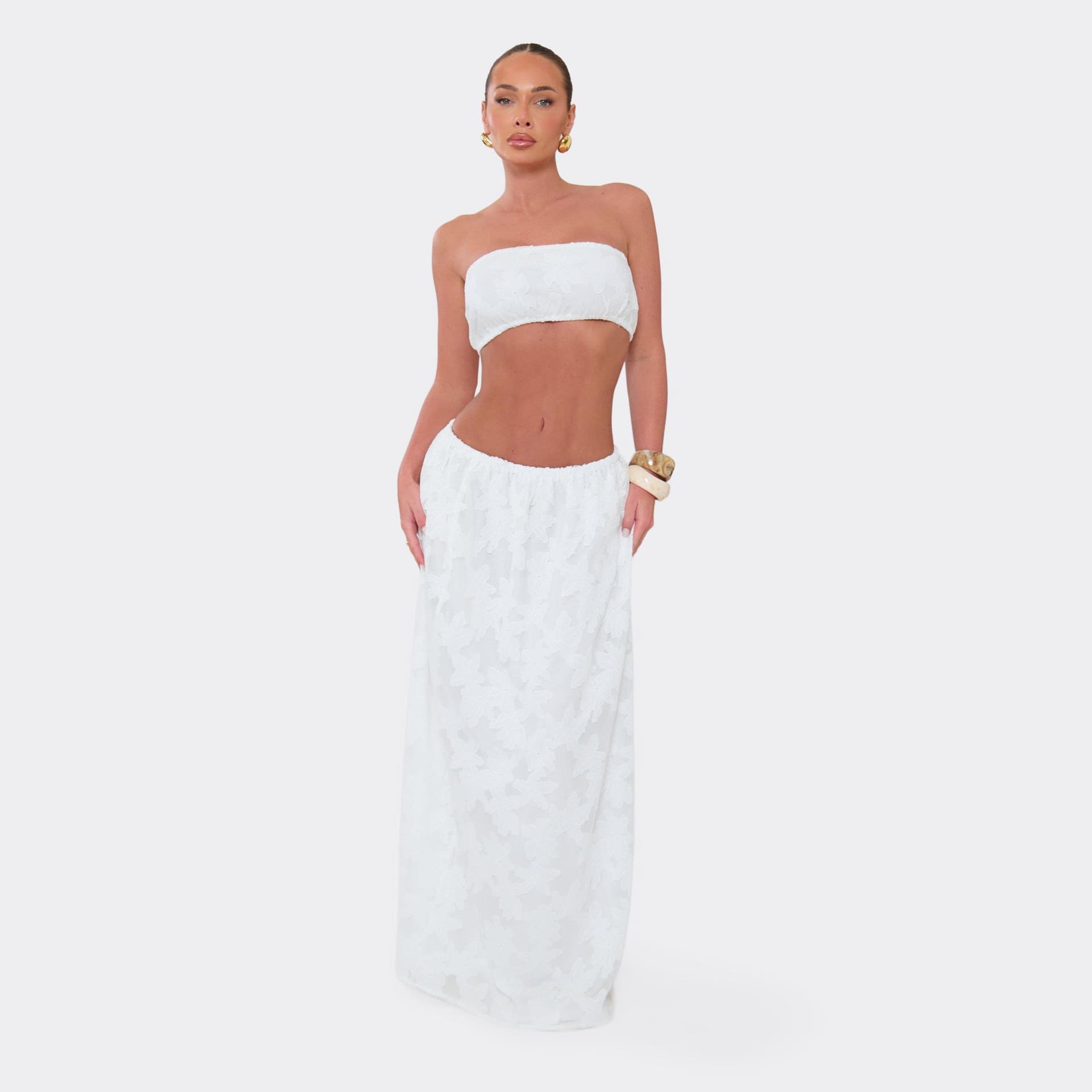 EGO Low Waist Maxi Skirt In White Floral Print Texture, Women's Size UK 6