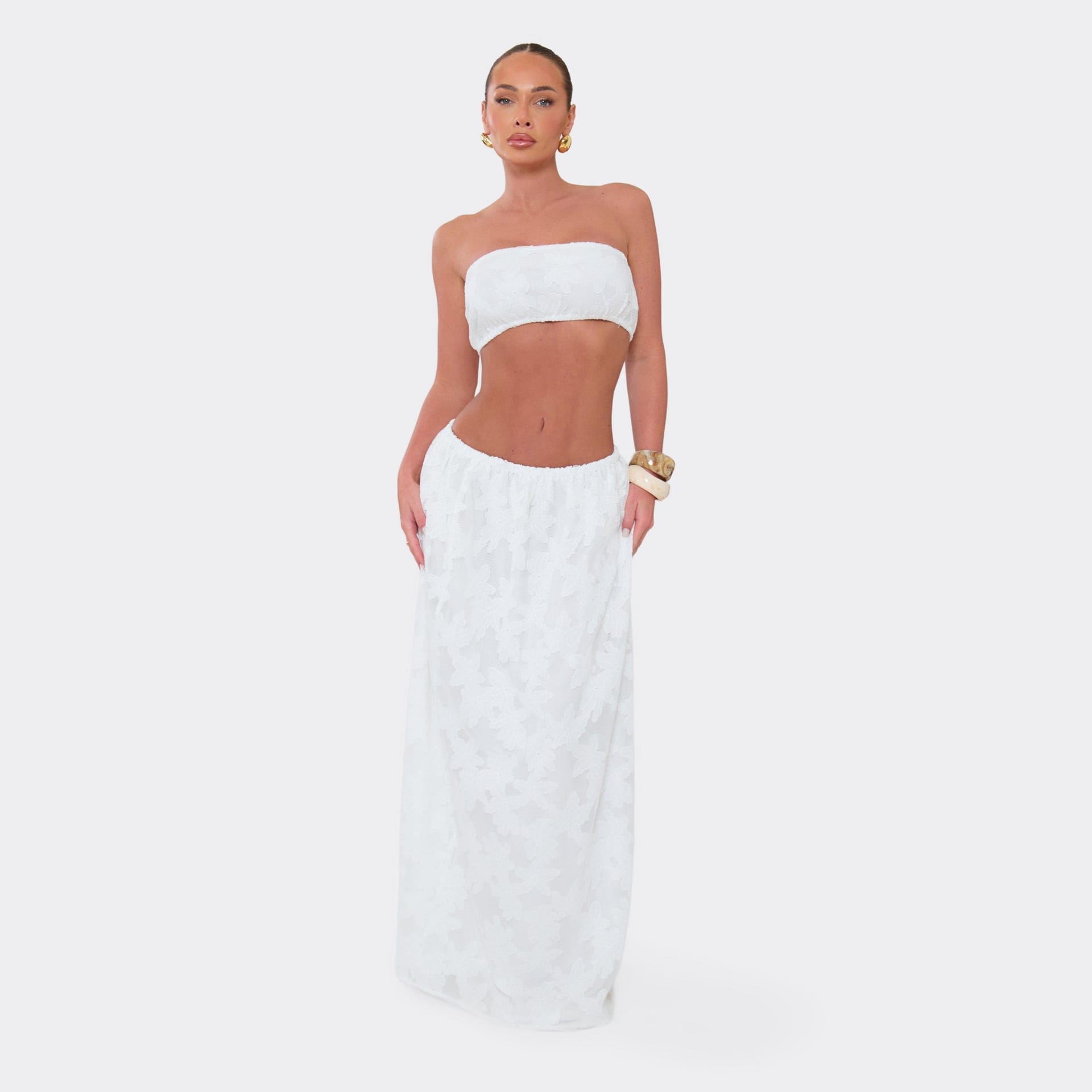 EGO White Floral Print Texture Low Waist Maxi Skirt