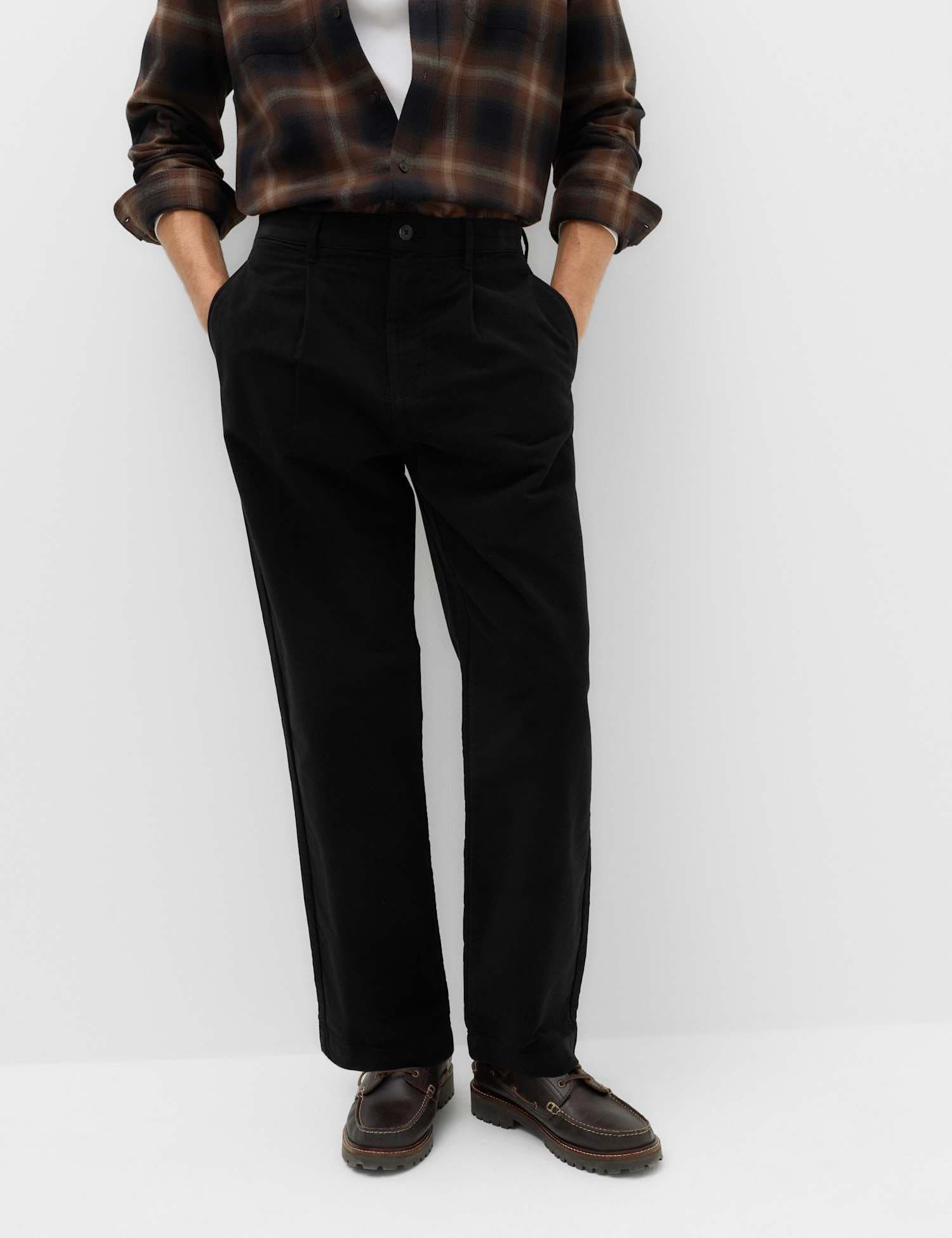 Marks & Spencer M&S Relaxed Fit Cotton Rich Moleskin Pleat Trousers Black
