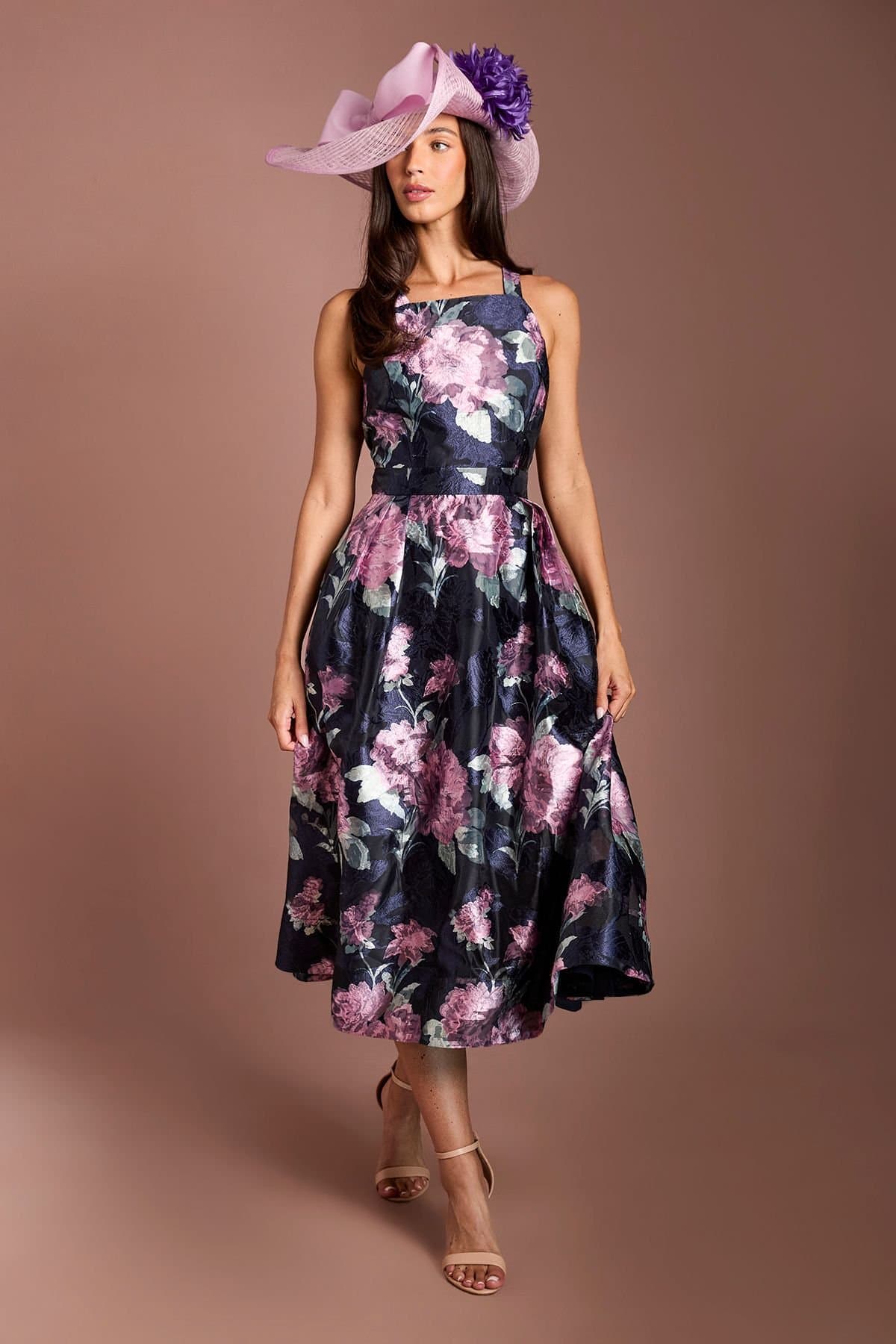 Coast Coast Women's Lisa Tan Strappy Full Skirted Jacquard Midi Dress in Navy