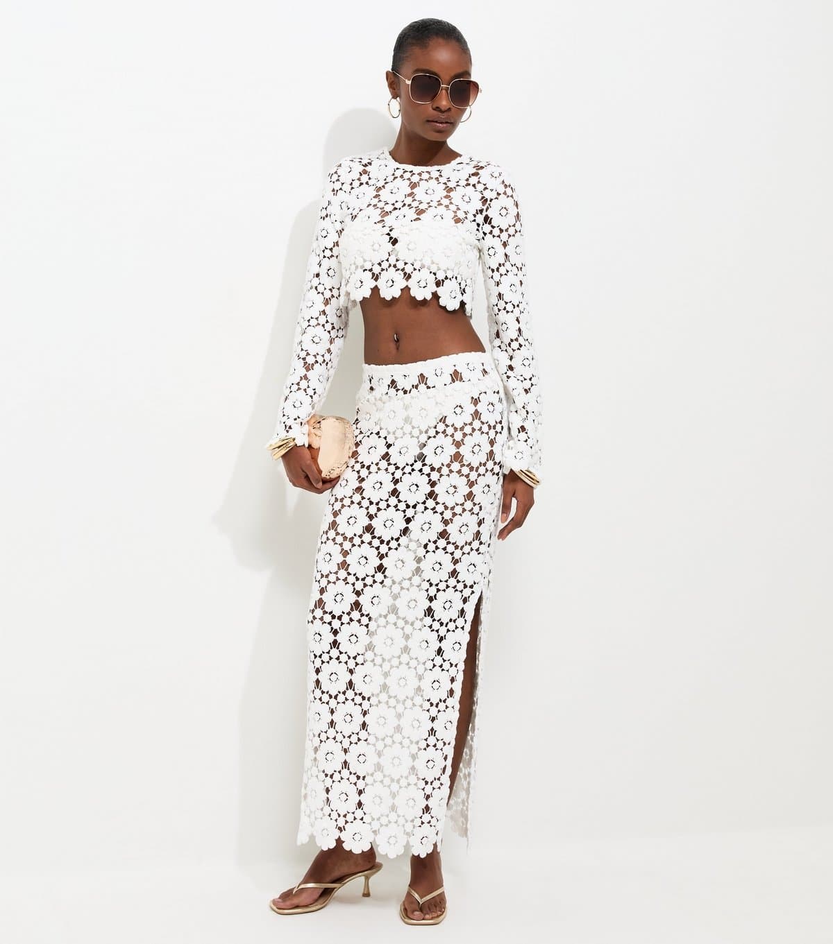 New Look Women's Premium White Floral Crochet Look Skirt New Look