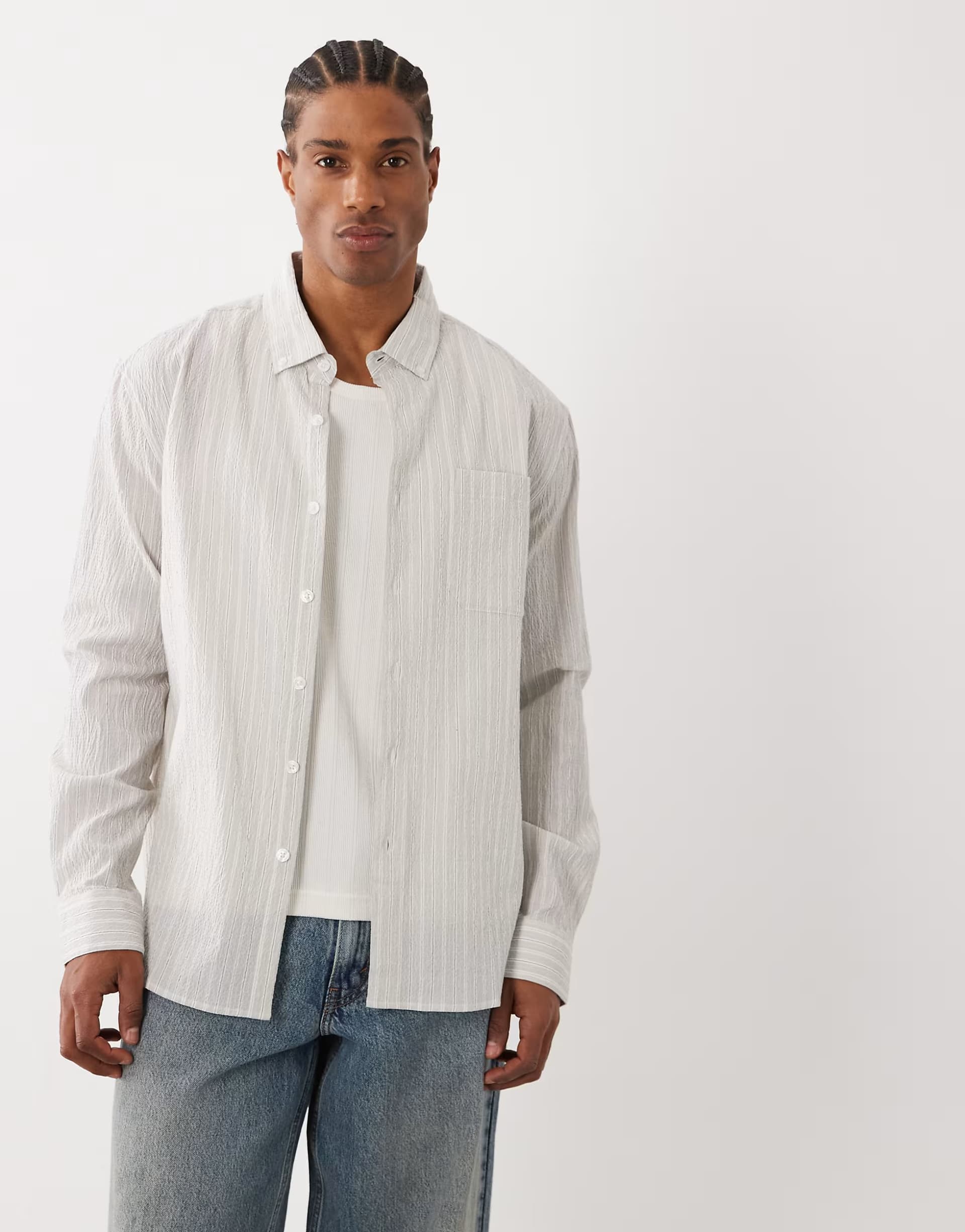 ASOS Farah Stanford long sleeve lightweight stripe logo shirt in dark stone/white