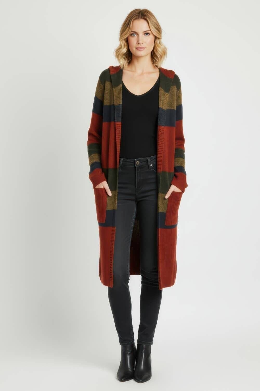 Saloos Saloos Women's Multi-Stripe Knitted Cardigan with Hoodie in Copper