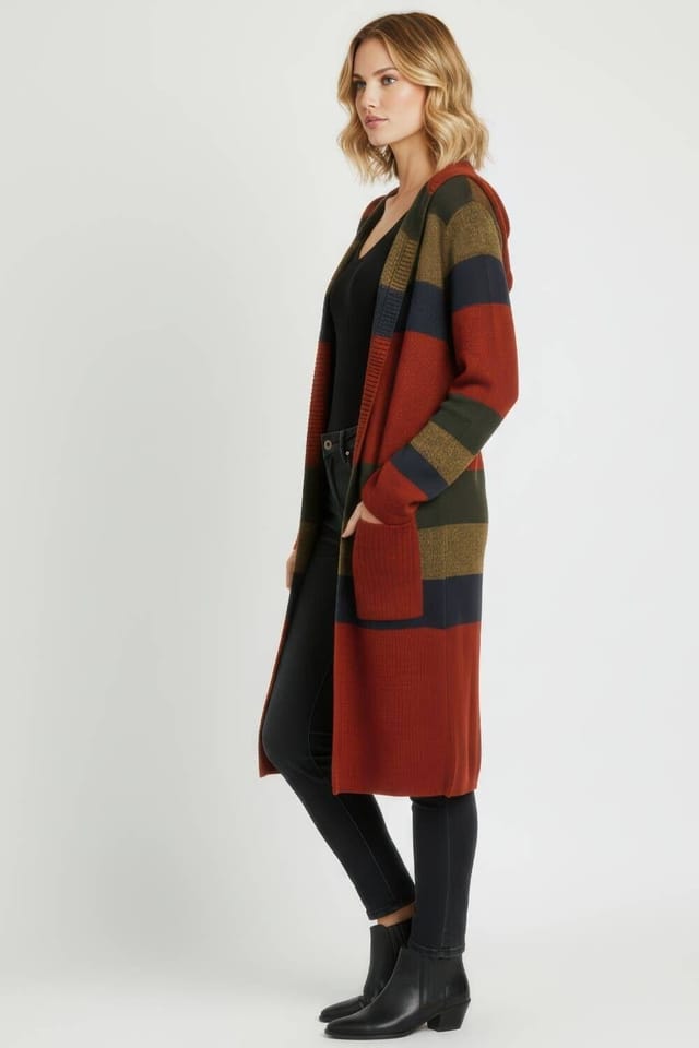 Saloos Saloos Women's Multi-Stripe Knitted Cardigan with Hoodie in Copper - 2