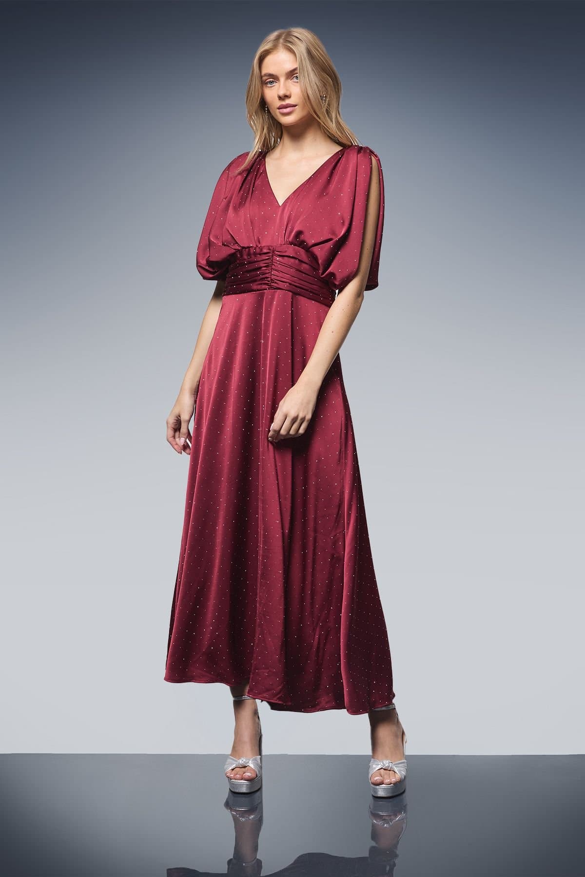 Oasis Oasis Women's Hotfix Detail Ruched Bodice V Neck Midi Dress in Wine