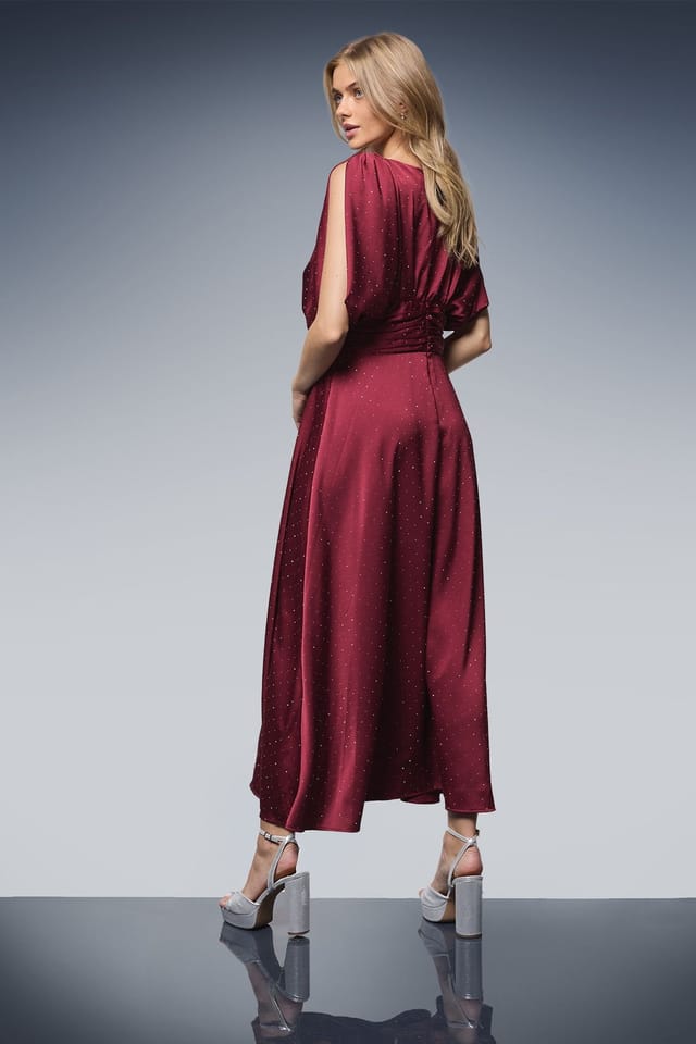 Oasis Oasis Women's Hotfix Detail Ruched Bodice V Neck Midi Dress in Wine - 3