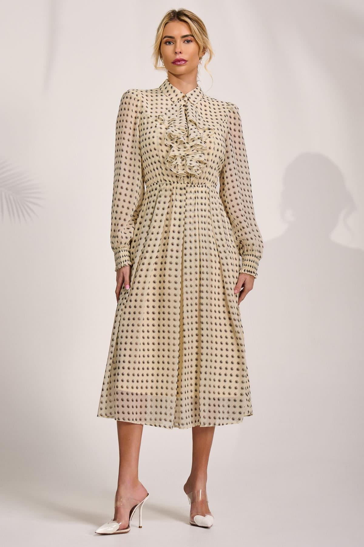 Jolie Moi Jolie Moi Women's Chiffon Print Ruffled Shirt Dress in Light Beige