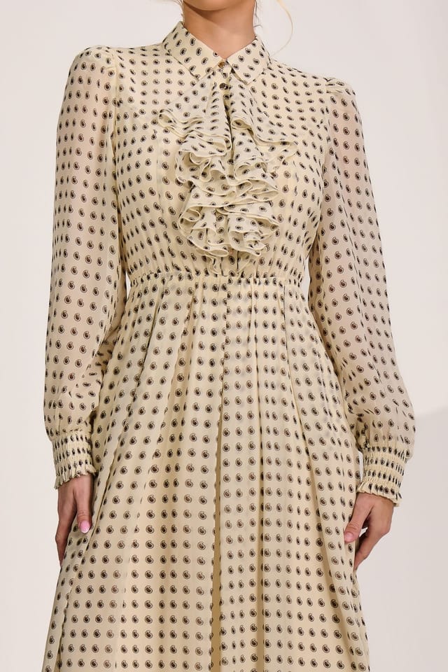 Jolie Moi Jolie Moi Women's Chiffon Print Ruffled Shirt Dress in Light Beige - 3