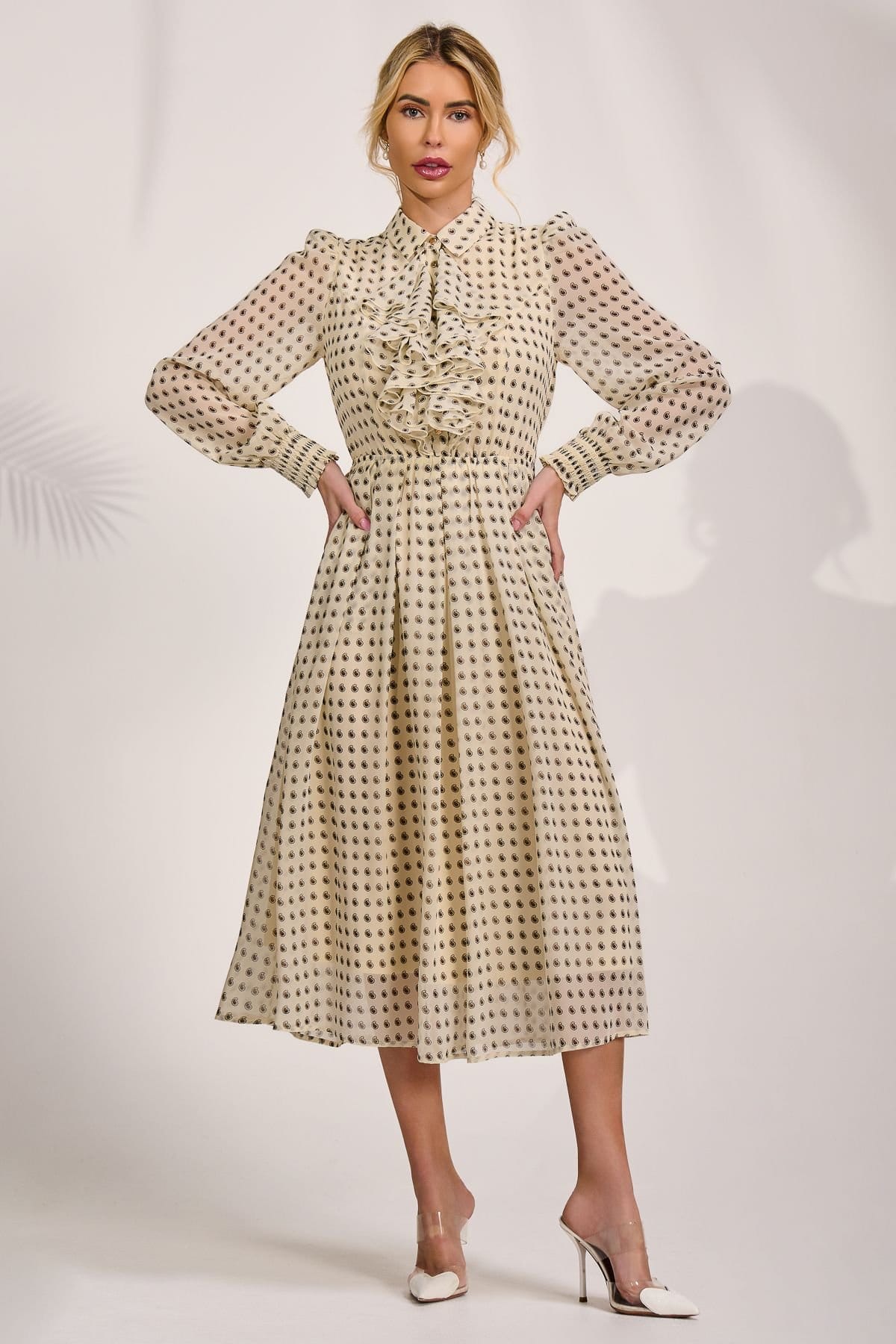 Jolie Moi Jolie Moi Women's Chiffon Print Ruffled Shirt Dress in Light Beige - 4